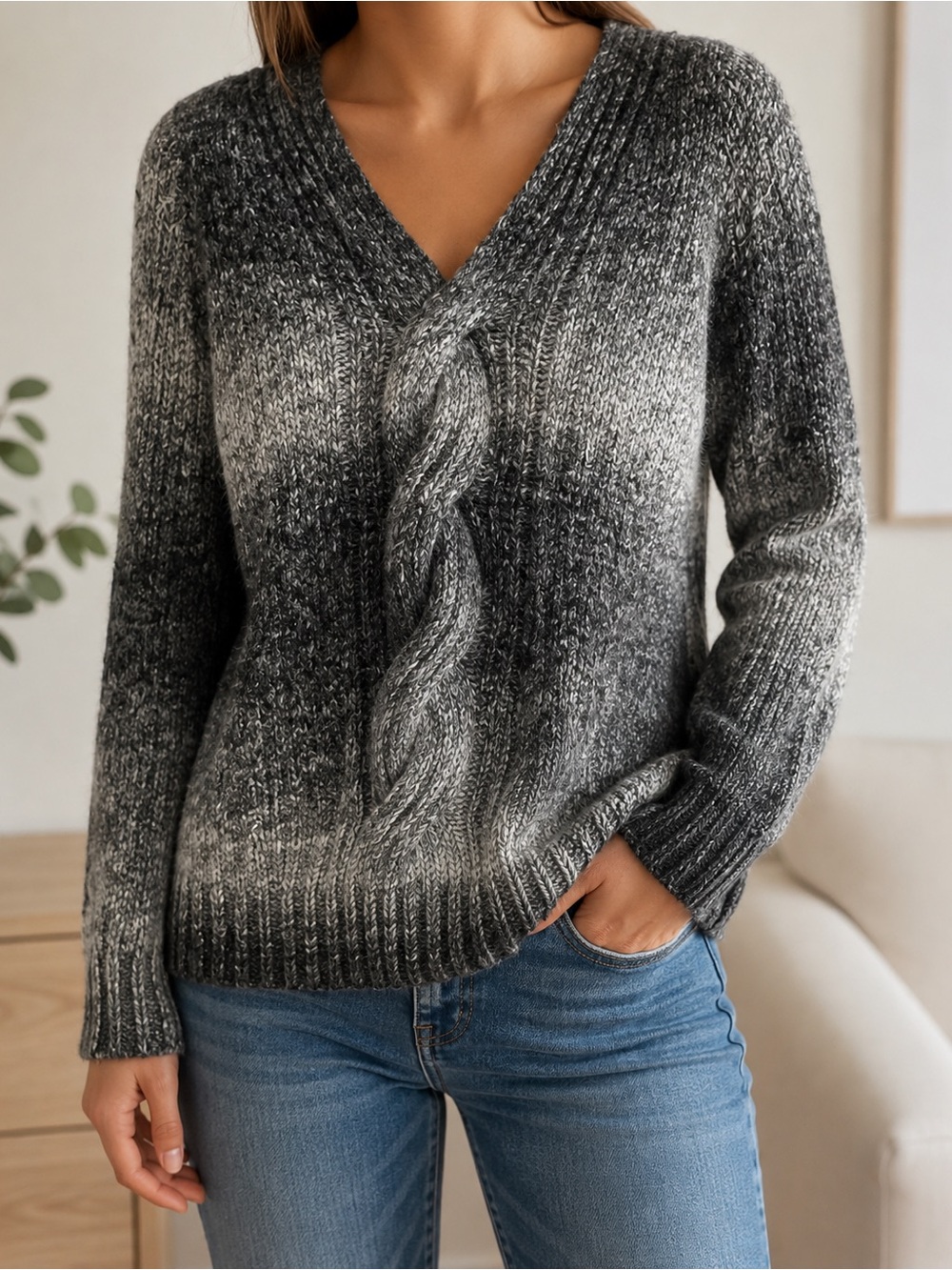 L.O.G.G. H&M Gray Ombre Cable Knit Mohair Wool Blend V Neck Sweater S